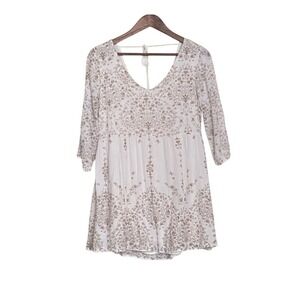En Creme Women White Tan Floral Mandela Empire Waist 3/4 Sleeve Mini Dress Small